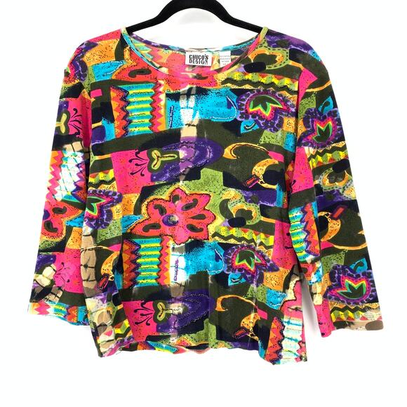 Chicos Design 3/4 Sleeve T-Shirt Womens Size 1 US M Multicolor Beaded - Picture 1 of 5